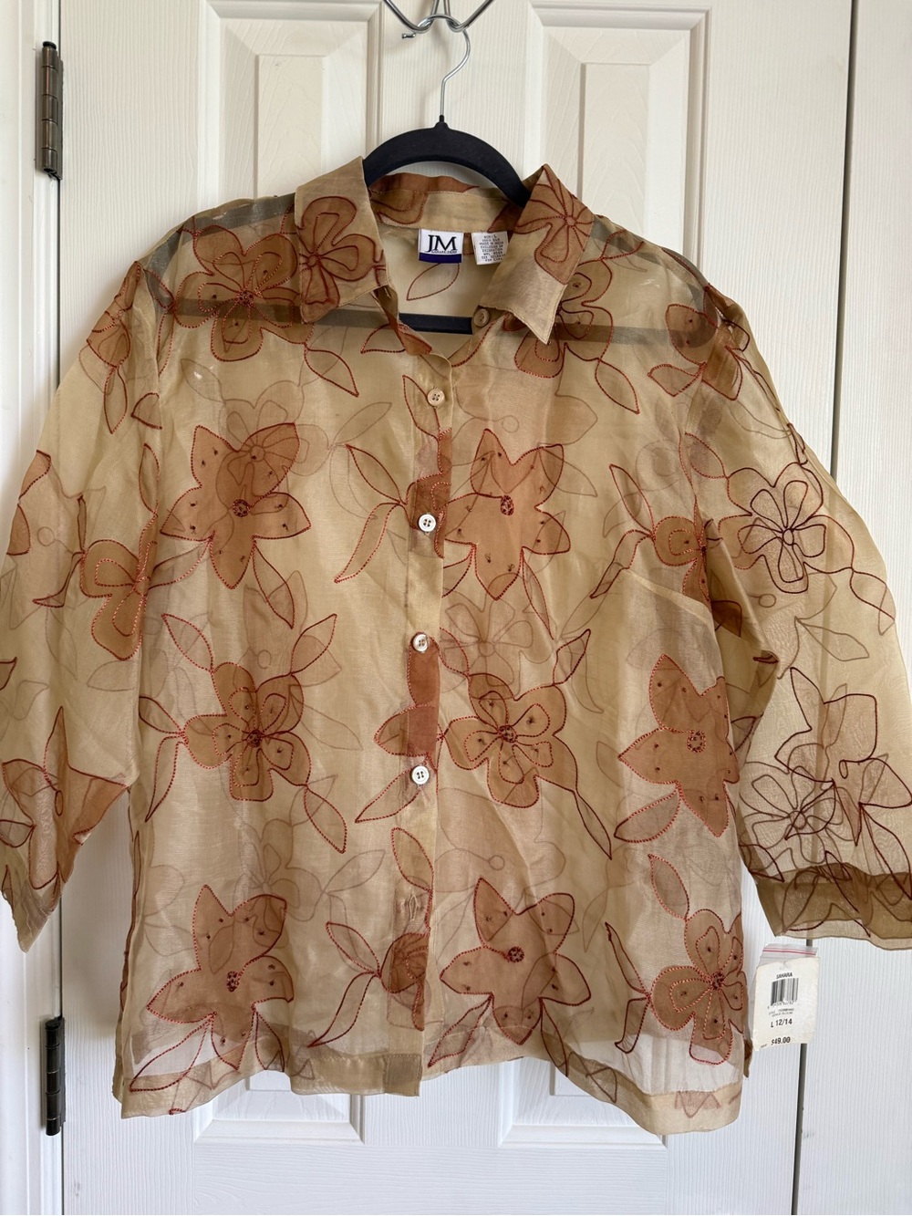 JM Collection Beige Sheer Silk Floral Button-Down Blouse